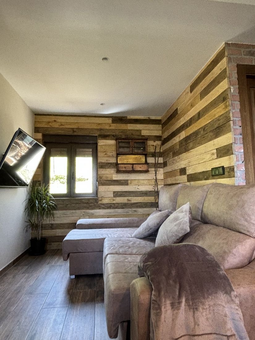 Sitting area with sofa and plank wall