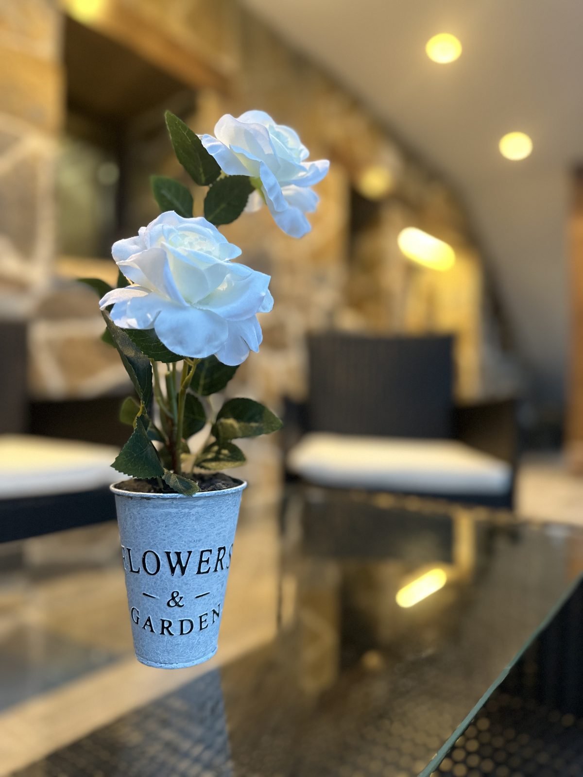 White flowers on the porch table