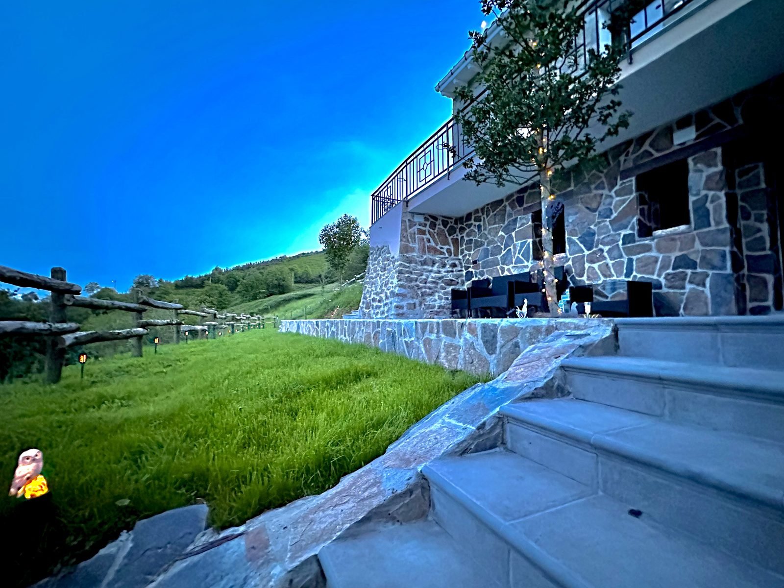 Stone steps down to the garden