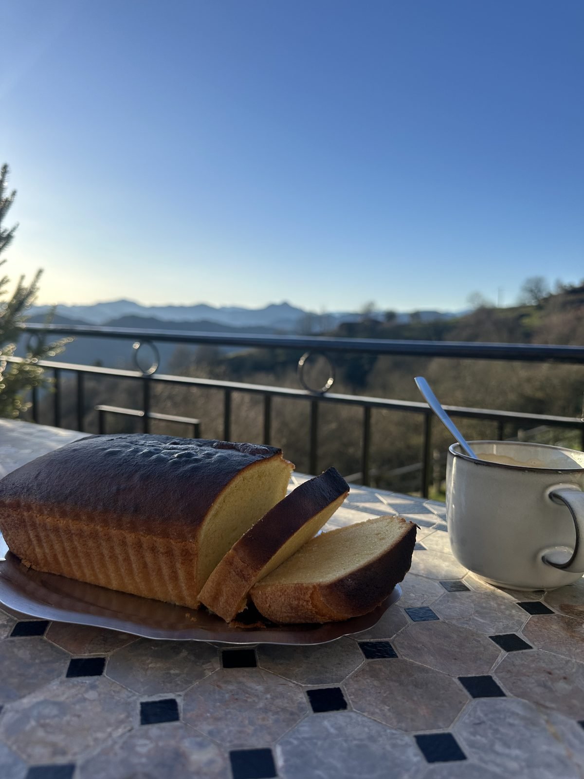 Sponge cake and coffee on the terrace