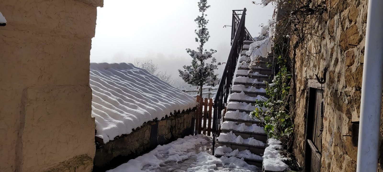 Stone staircase with snow